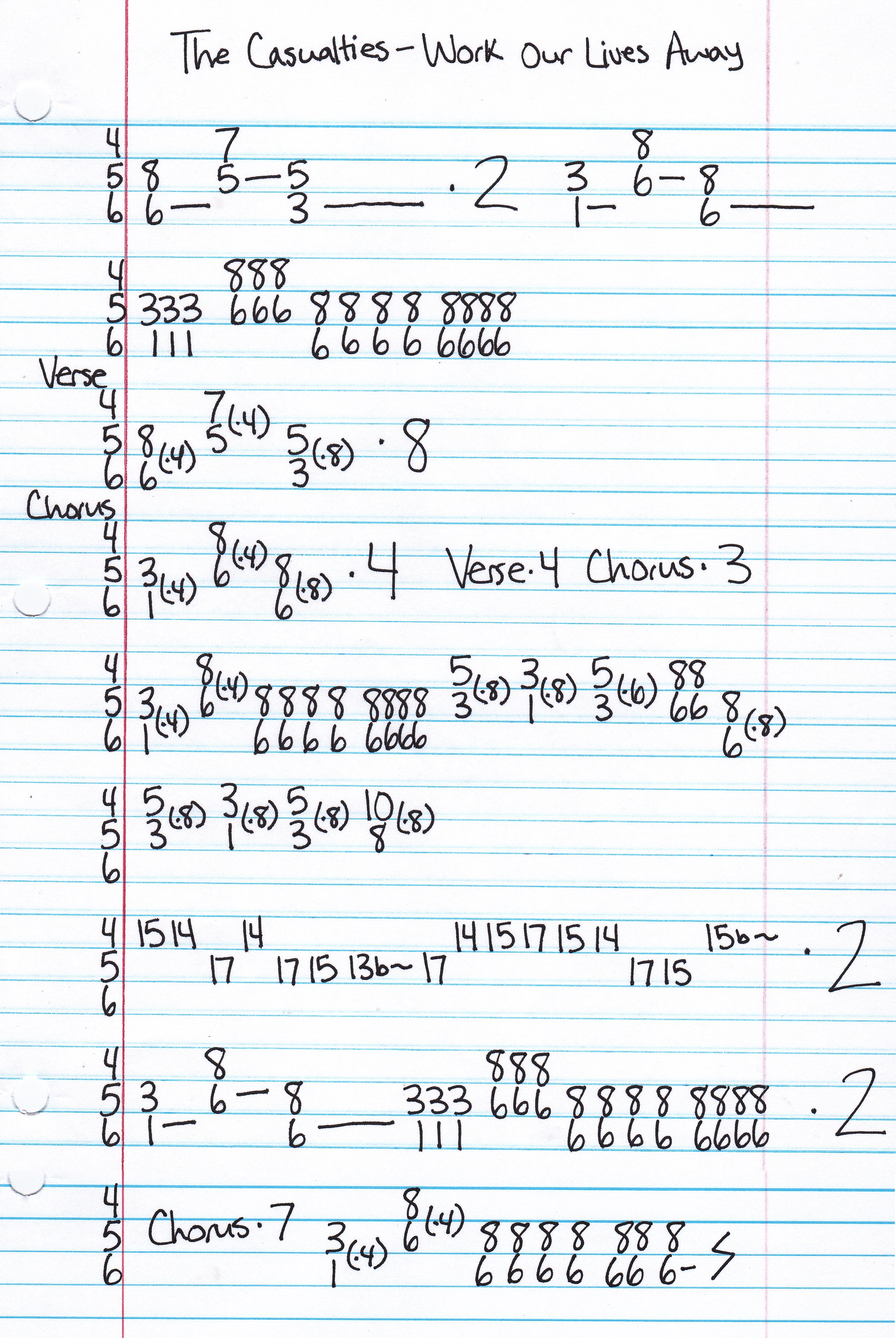 High quality guitar tab for Work Our Lives Away by The Casualties off of the album Chaos Sound. ***Complete and accurate guitar tab!***